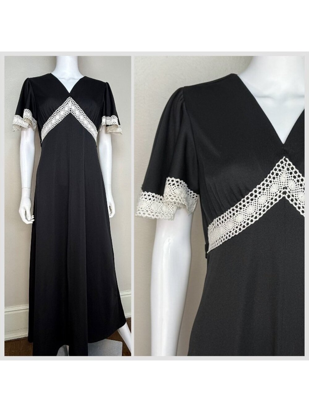 Vintage 1970s Black Maxi Dress, White Crochet Trim, Sears Fashions Size Large